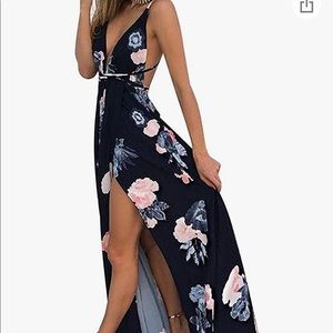 Deep V Neck Backless Floral Print Split Maxi Dress